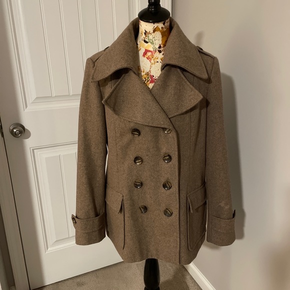NEW YORK & CO HEATHER TAN PEA COAT - Picture 1 of 8